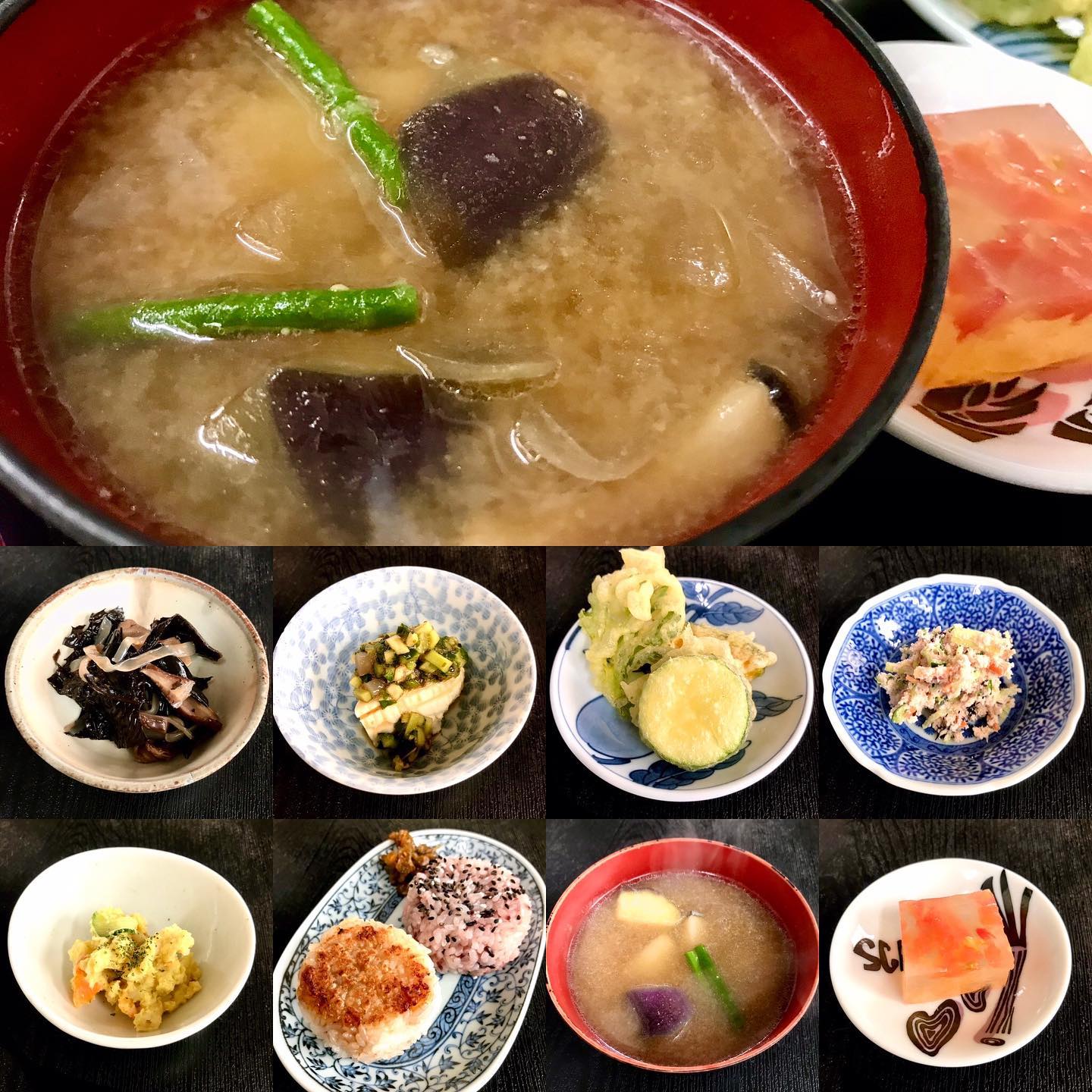 7月季節のランチ
ヤマキチ膳
・あらめ煮
・山形のだしのせざる豆腐
・季節の天ぷら
・梅肉と芽ひじきおから和え
・カレーポテトサラダ
・焼きおにぎり
・古代米おにぎり
・夏の味噌汁 鯨汁
・トマト寒天

※その日の仕入れなどによりメニューが変わる場合があります。